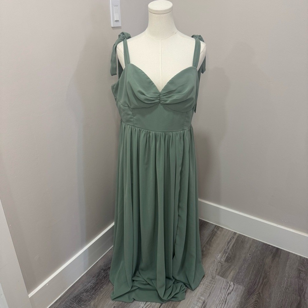 Lulus Radiant Charisma Sage Brush Chiffon Ruched Tie-Strap Maxi Dress 1X - Picture 2 of 6